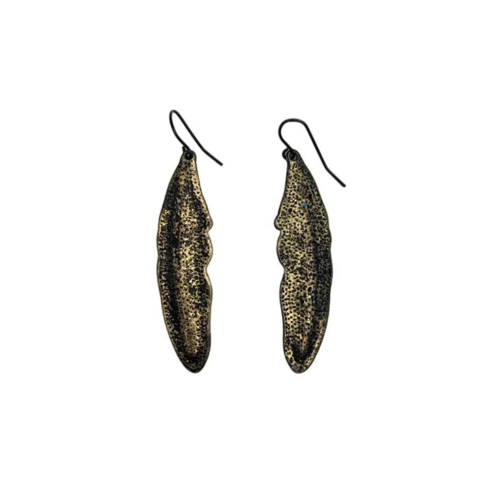 Blue Hand-Painted Brass Feather Earrings - Picture 4 of 8
